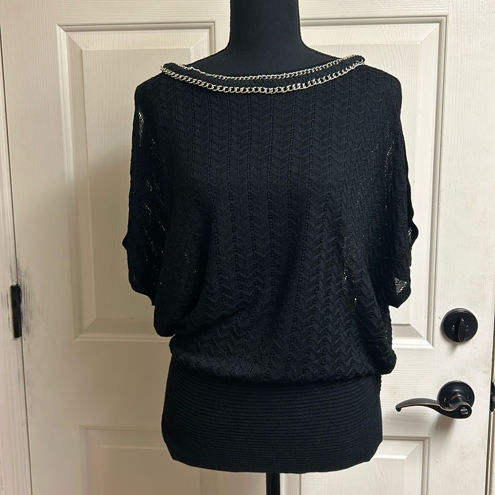 Cache Black Short sleeve sweater with Gold accents, size Small, NWT